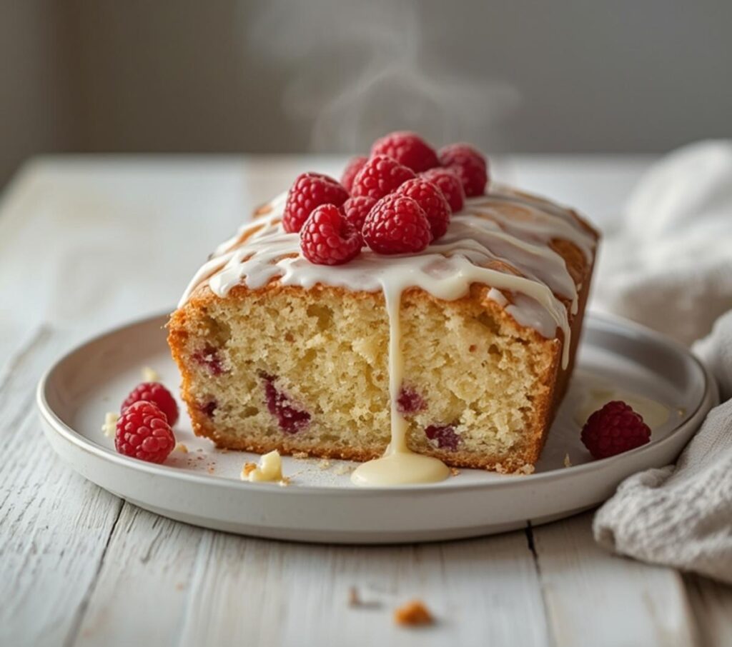 A whole white chocolate raspberry loaf cake on a plate with raspberries and white glaze, ready to serve.