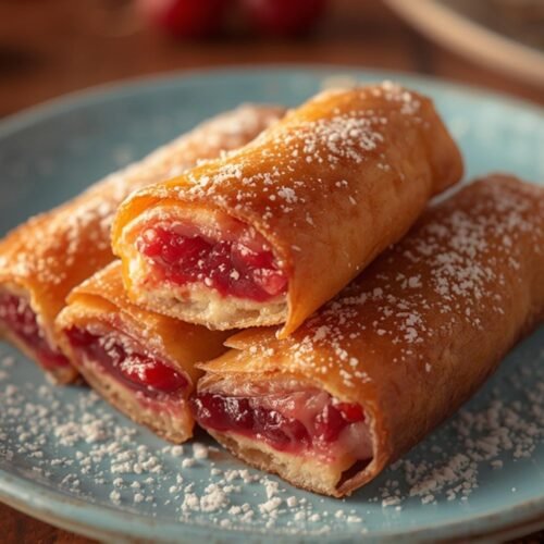 Easy Air Fryer Cherry Cheesecake Egg Rolls Recipe 3 A plate of golden-brown Air Fryer Cherry Cheesecake Egg Rolls dusted with powdered sugar, showcasing their crispy texture and sweet cherry filling.