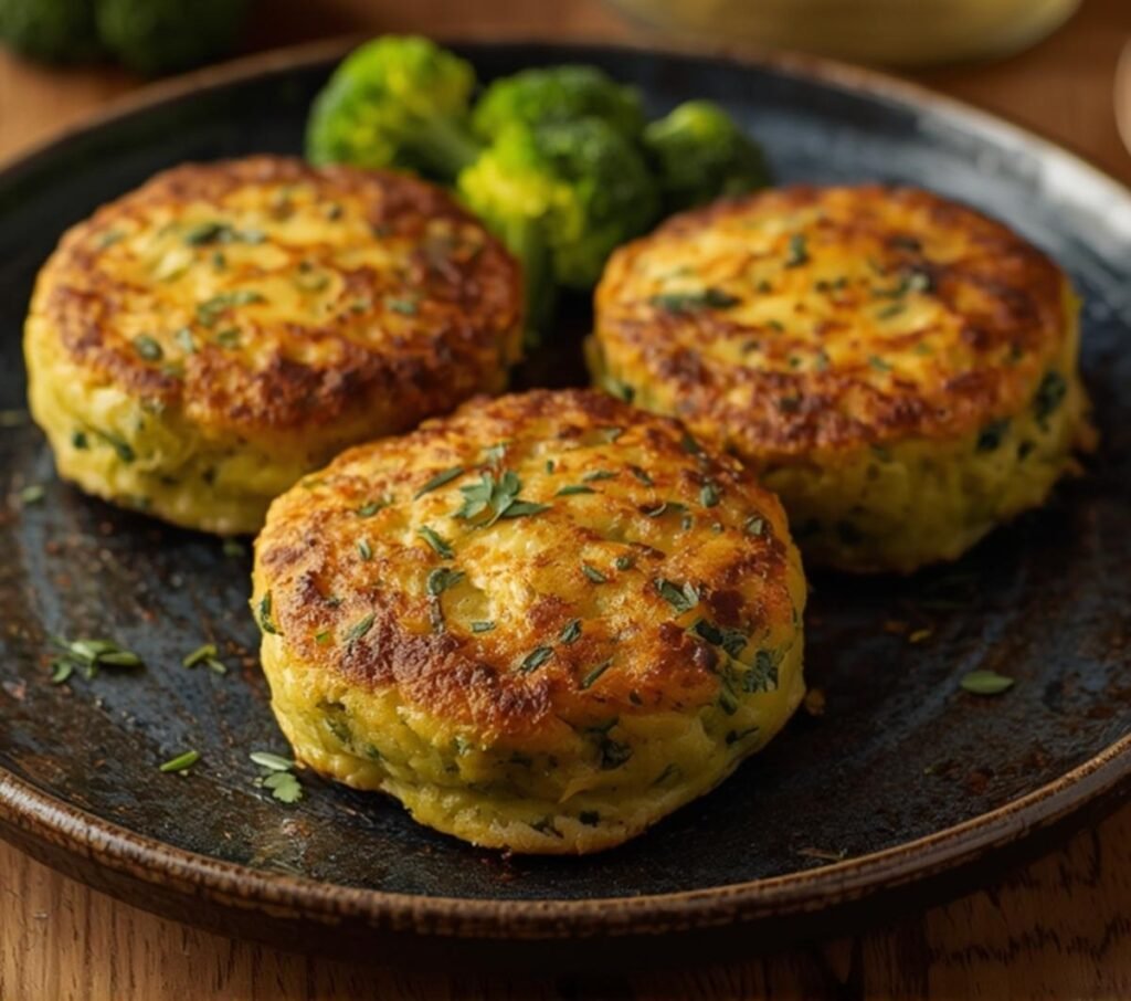 Delicious Baked Cheese Broccoli Patties on a dark blue plate, showcasing their golden-brown crust and vibrant green broccoli florets.