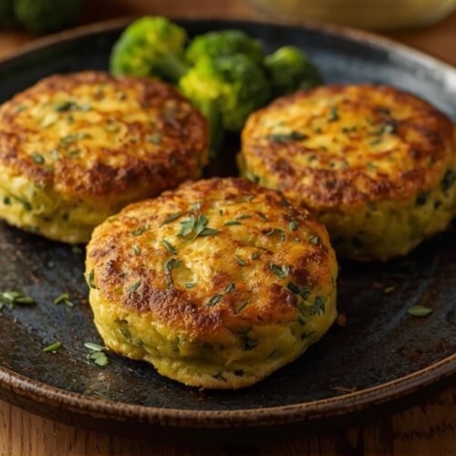 Delicious Baked Cheese Broccoli Patties on a dark blue plate, showcasing their golden-brown crust and vibrant green broccoli florets.