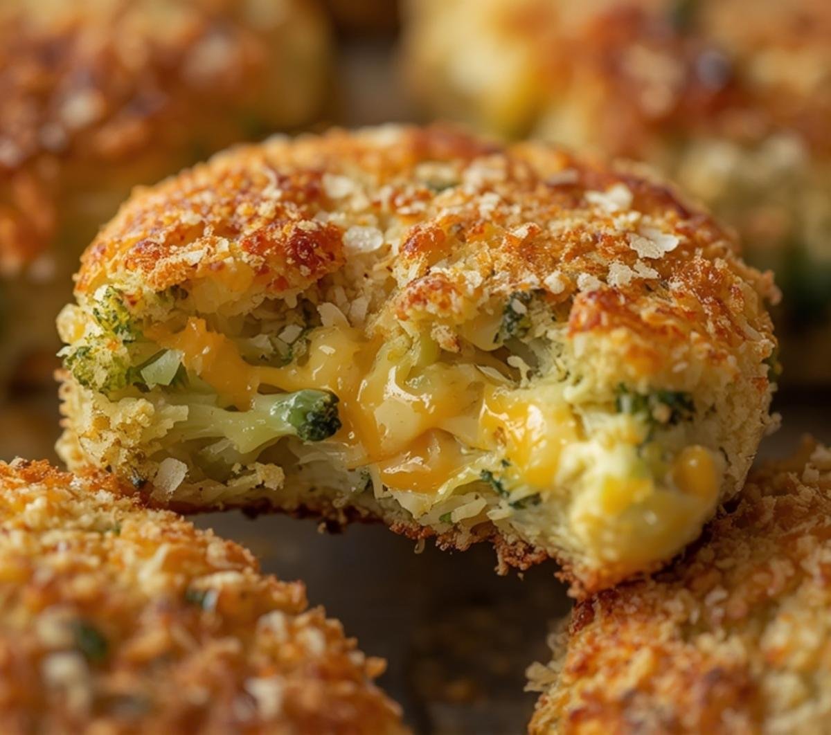 Extreme close-up of a Baked Cheese Broccoli Patty, highlighting the crispy panko, melted cheese, and tender broccoli florets with a shallow depth of field.