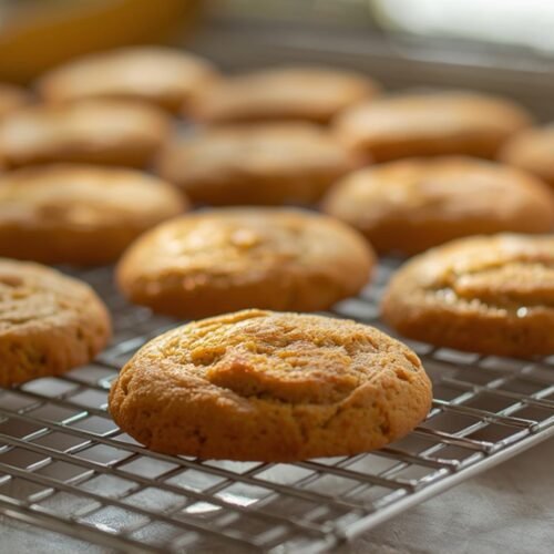 Delicious Banana Bread Cookies with Sweet Glaze 3 Golden banana bread cookies on a wire rack, perfect for dessert.