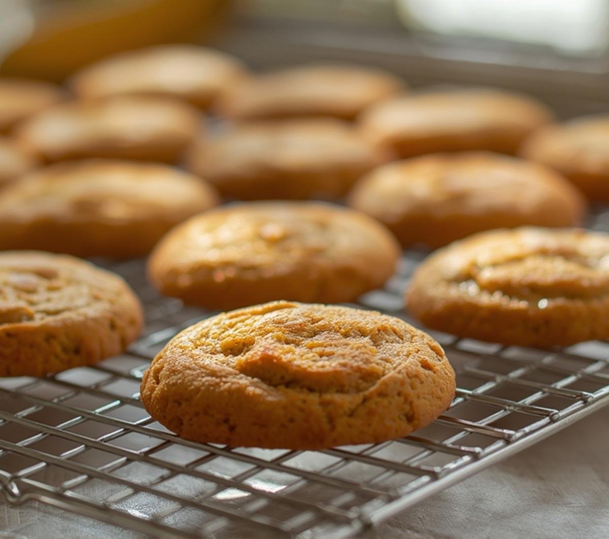 Golden banana bread cookies on a wire rack, perfect for dessert.