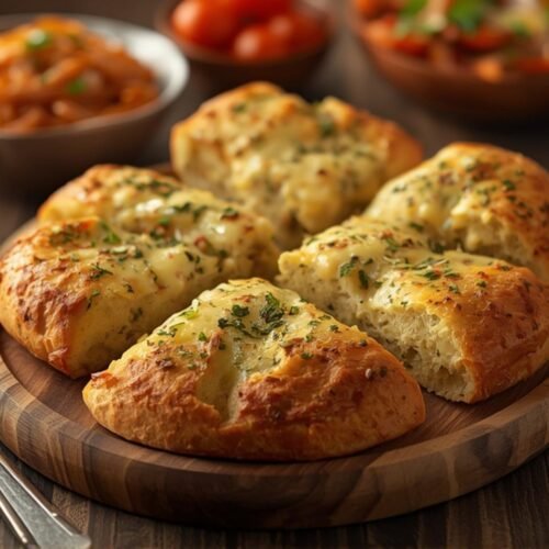 Golden brown cheesy garlic bread slices topped with melted cheddar, mozzarella, and parmesan, featuring fresh herbs, ready to be served.