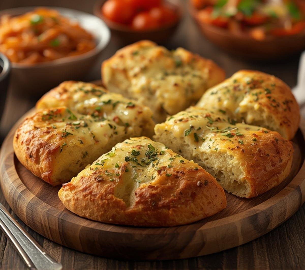 Golden brown cheesy garlic bread slices topped with melted cheddar, mozzarella, and parmesan, featuring fresh herbs, ready to be served.