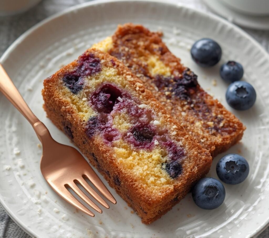 A close-up of a slice of moist Blueberry Sour Cream Coffee Cake on a white plate, perfect for breakfast or dessert. Focus keyword: Blueberry Sour Cream Coffee Cake.