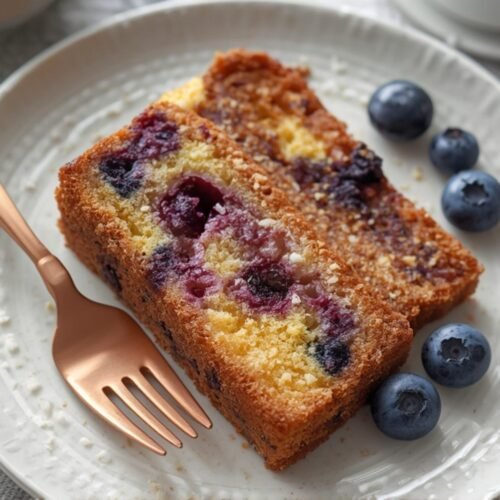 Divine Blueberry Sour Cream Coffee Cake Recipe 3 A close-up of a slice of moist Blueberry Sour Cream Coffee Cake on a white plate, perfect for breakfast or dessert. Focus keyword: Blueberry Sour Cream Coffee Cake.