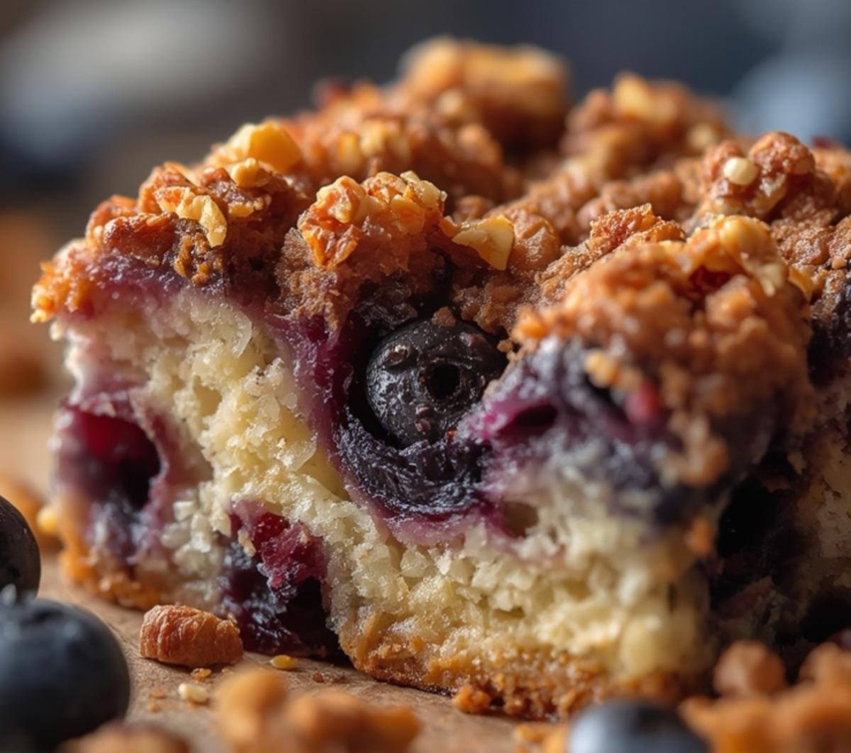Divine Blueberry Sour Cream Coffee Cake Recipe 2 Extreme close-up of the crumb and blueberries in a Blueberry Sour Cream Coffee Cake, highlighting its moist texture and rich ingredients. Focus keyword: Blueberry Sour Cream Coffee Cake.