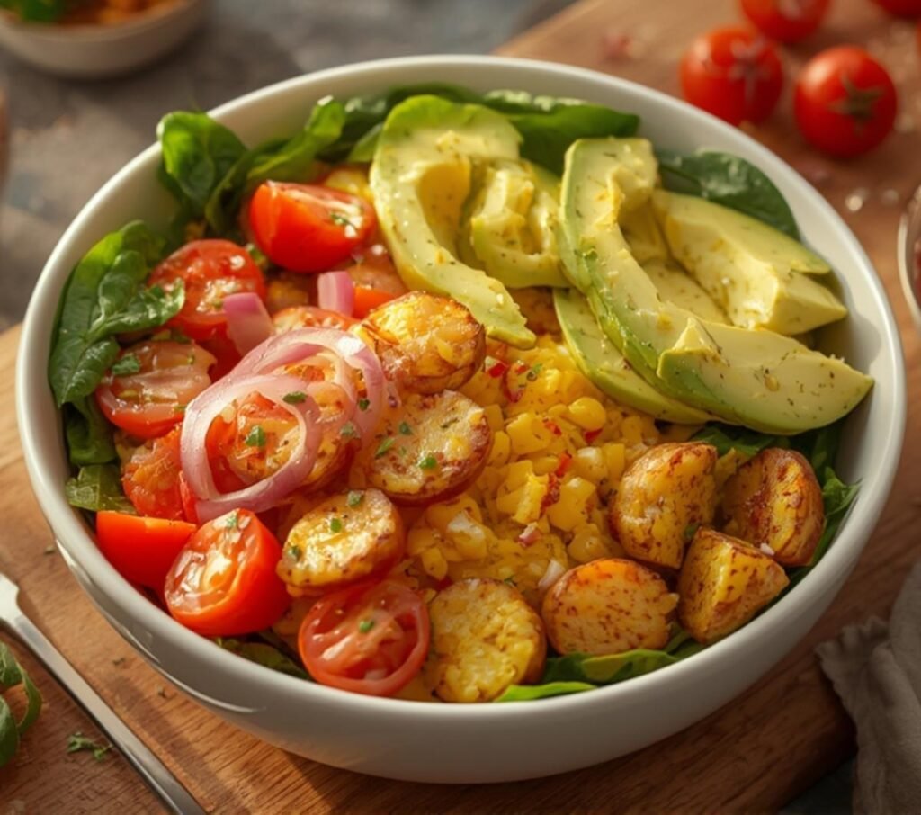 A top-down view of a colorful Breakfast Scramble Bowl packed with scrambled eggs, crispy potatoes, cherry tomatoes, spinach, avocado, and pickled onions.