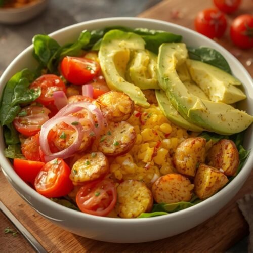A top-down view of a colorful Breakfast Scramble Bowl packed with scrambled eggs, crispy potatoes, cherry tomatoes, spinach, avocado, and pickled onions.