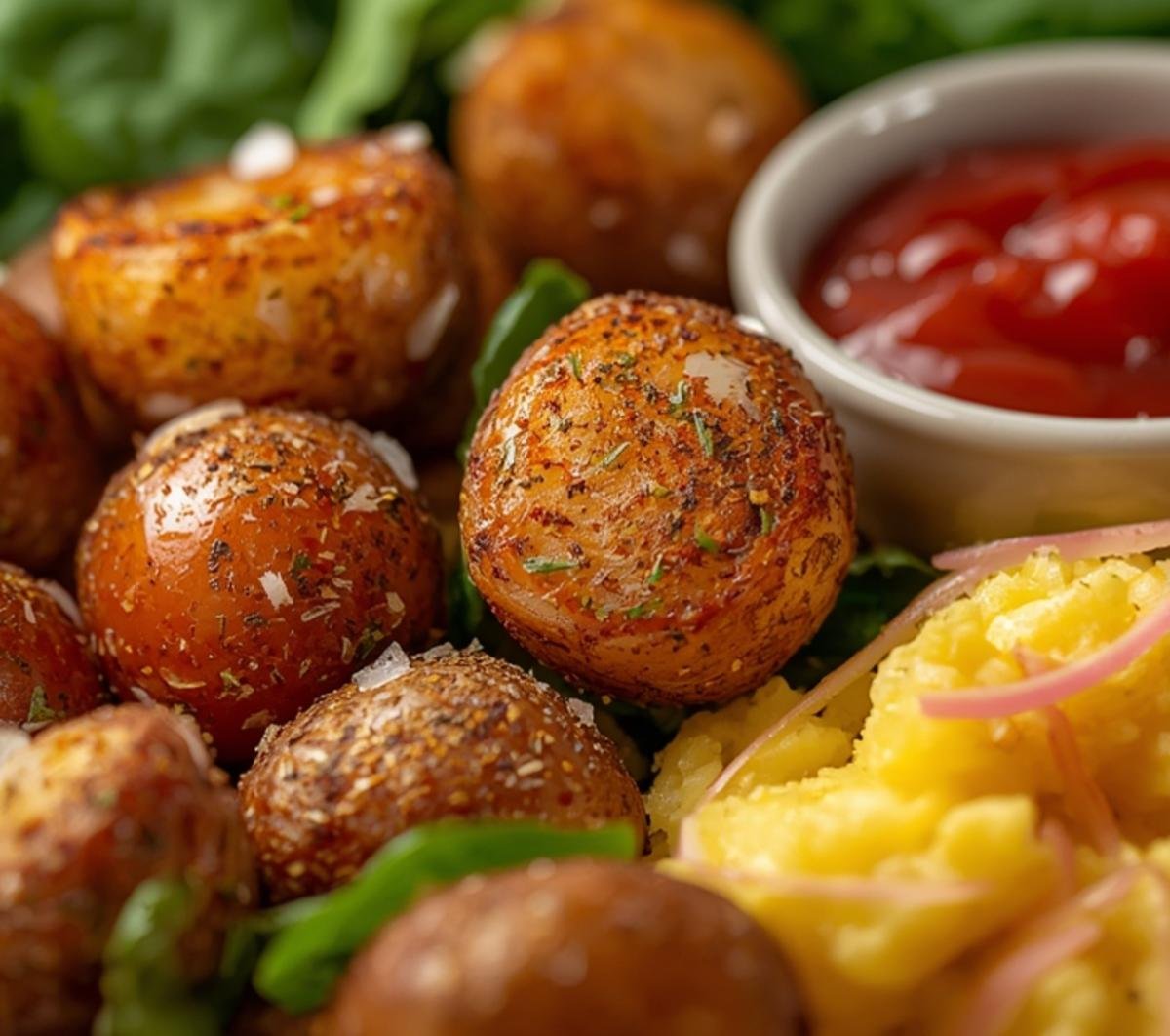 Extreme close-up of the textures within a Breakfast Scramble Bowl: crispy potato edges, glistening cherry tomatoes, fluffy eggs, and vibrant spinach.