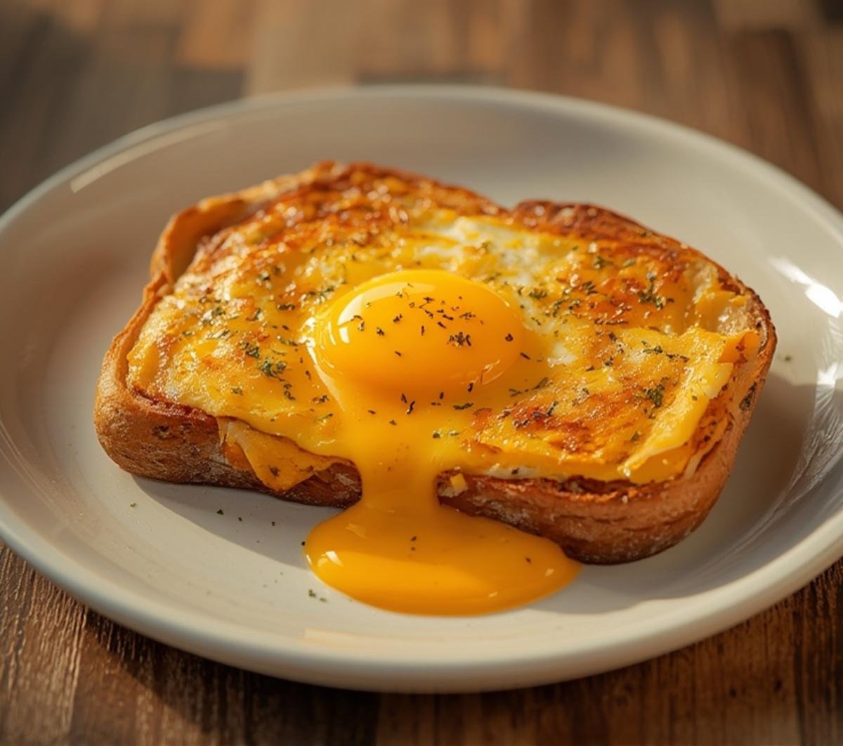 Cheesy Egg Toast with gooey cheese and a golden egg yolk on a white plate