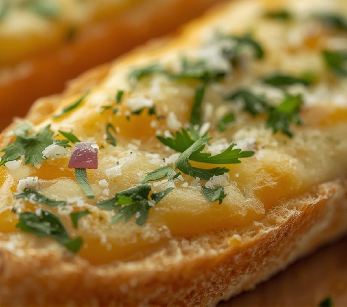 Extreme close-up of cheesy garlic bread, highlighting the melted cheddar, mozzarella, and parmesan, with visible chopped parsley and green onions on a golden crust.
