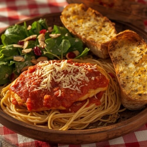 Delicious cheesy garlic bread made with fresh herbs, garlic, and three types of cheese, served alongside spaghetti and chicken.