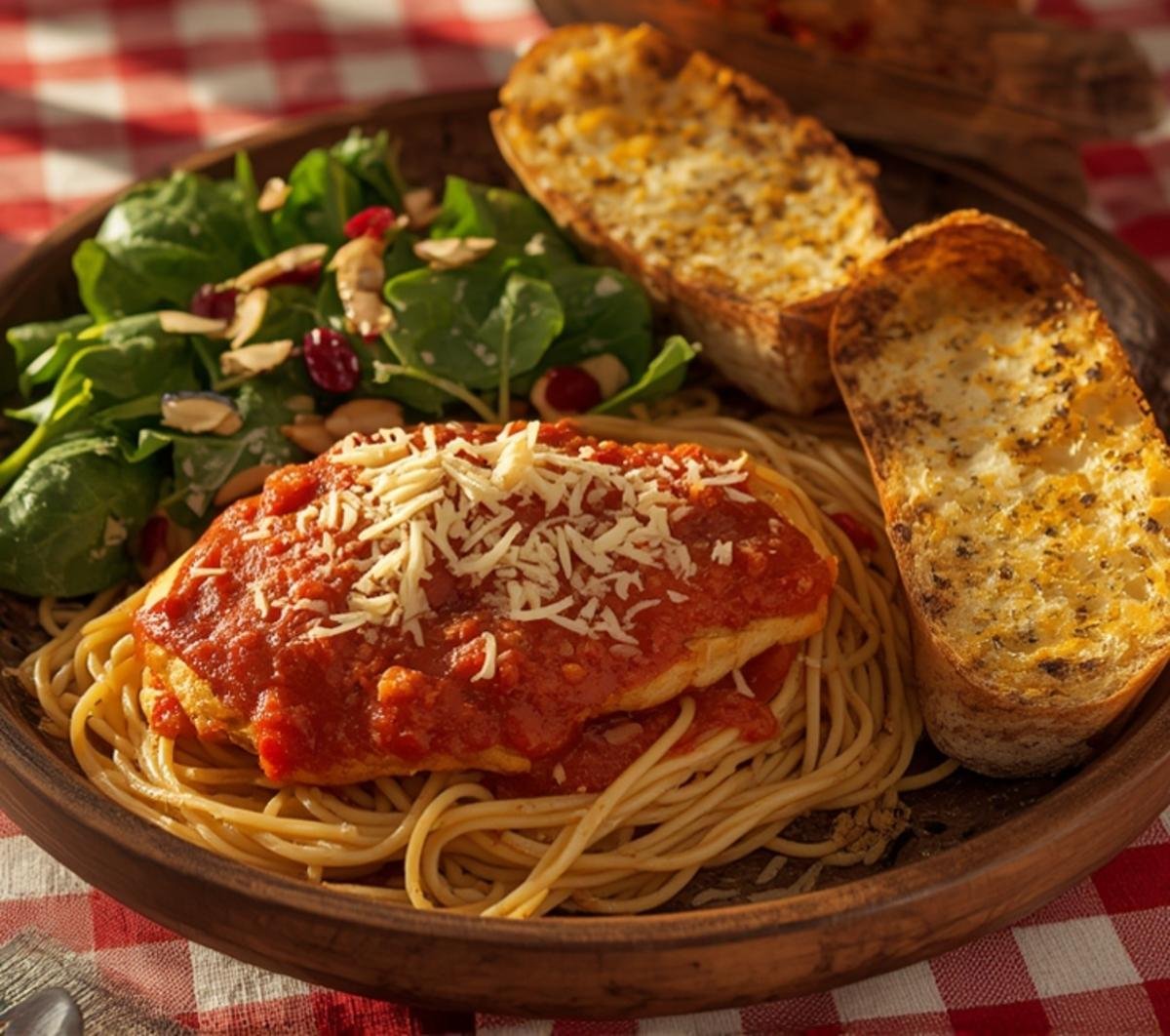 Delicious cheesy garlic bread made with fresh herbs, garlic, and three types of cheese, served alongside spaghetti and chicken.