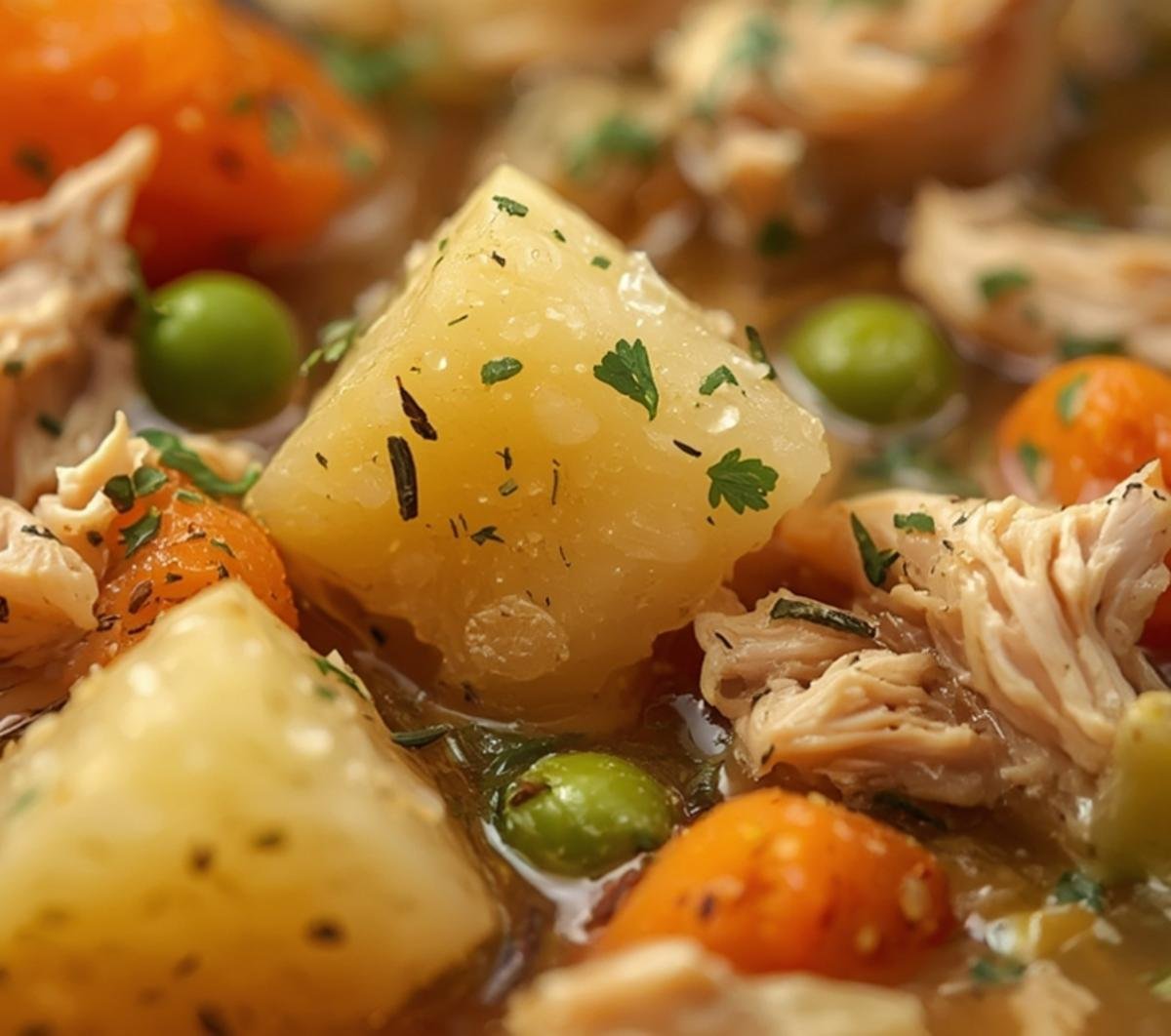 Extreme close-up of Comforting Chicken Soup with Potatoes, detailing the textures of chicken, potatoes, carrots, peas, and broth with fresh parsley garnish.