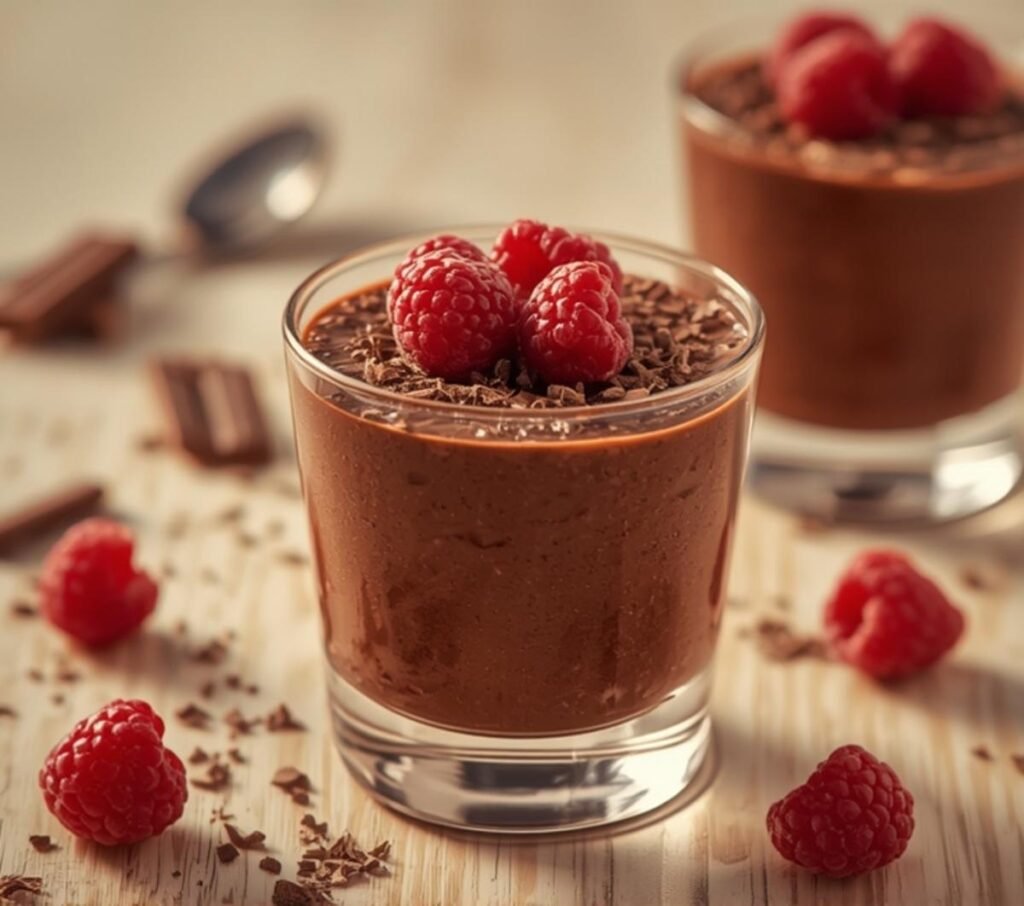 Two clear glasses of rich Chocolate Chia Mousse topped with fresh raspberries and chocolate shavings on a wooden board.