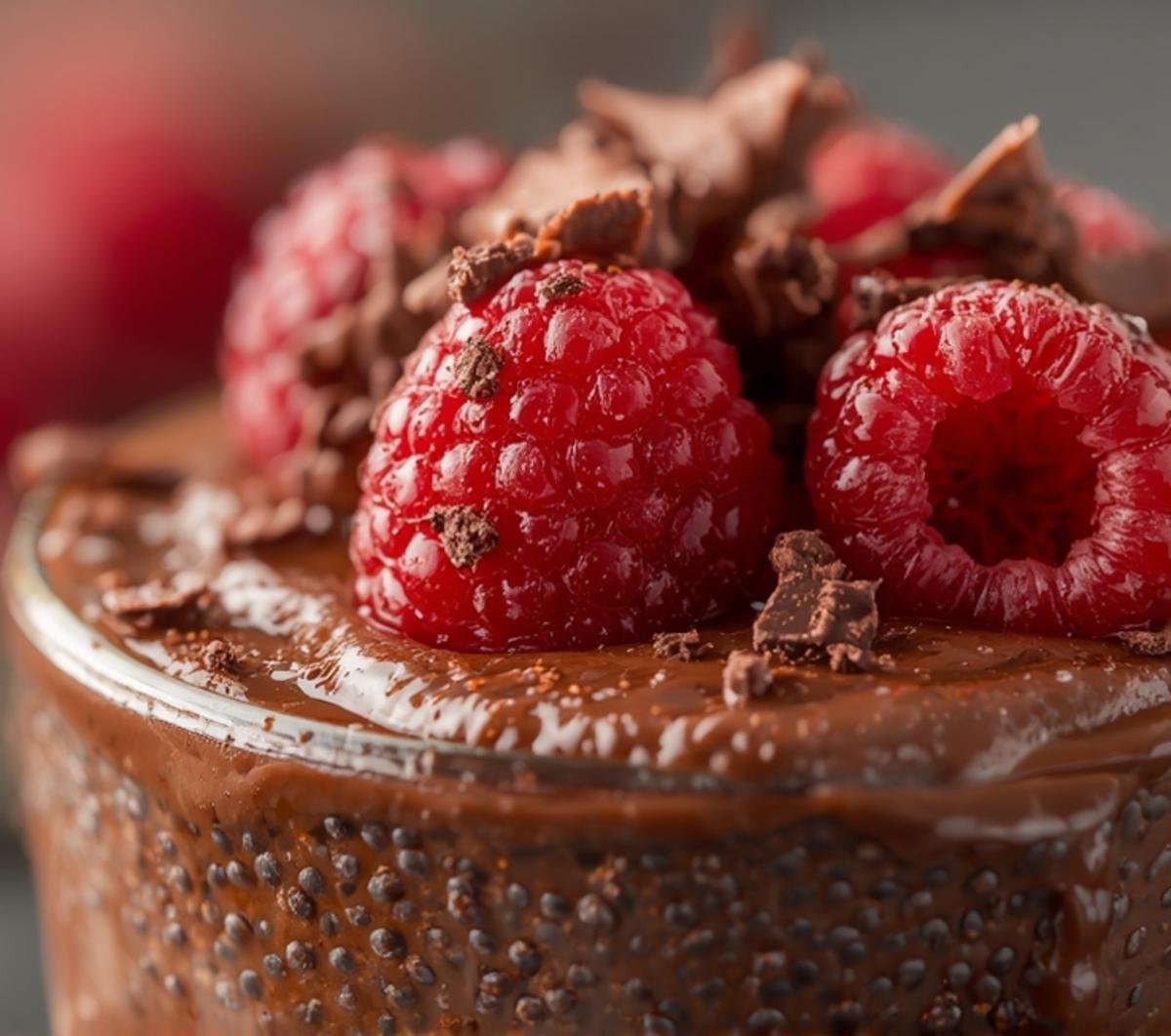 Extreme close-up of Chocolate Chia Mousse, highlighting the rich dark texture of the chia seeds and creamy mousse, with fresh raspberries.