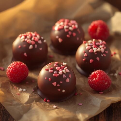 Delicious chocolate-covered raspberries topped with heart-shaped sprinkles, showcased on a parchment paper background with warm lighting, perfect for a sweet treat.