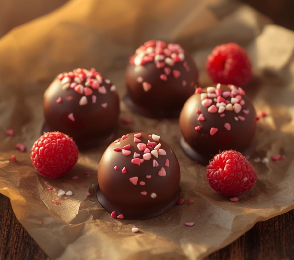 Delicious chocolate-covered raspberries topped with heart-shaped sprinkles, showcased on a parchment paper background with warm lighting, perfect for a sweet treat.