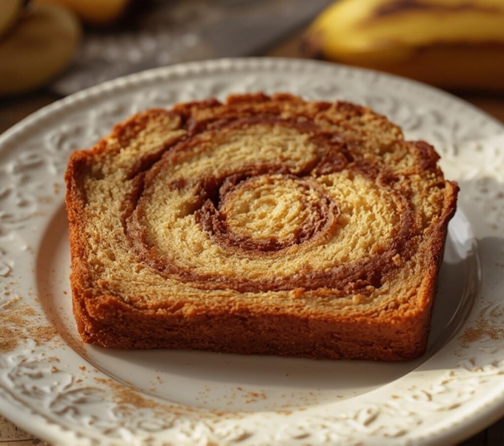 A delicious slice of Cinnamon Roll Banana Bread is presented whole on a white plate, showcasing its moist texture and cinnamon swirl. Perfect for breakfast or dessert.