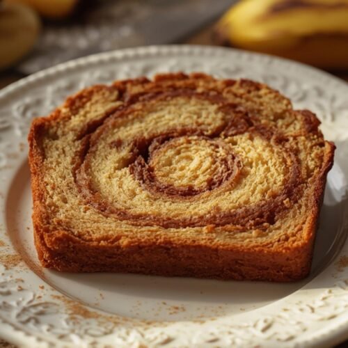 A delicious slice of Cinnamon Roll Banana Bread is presented whole on a white plate, showcasing its moist texture and cinnamon swirl. Perfect for breakfast or dessert.