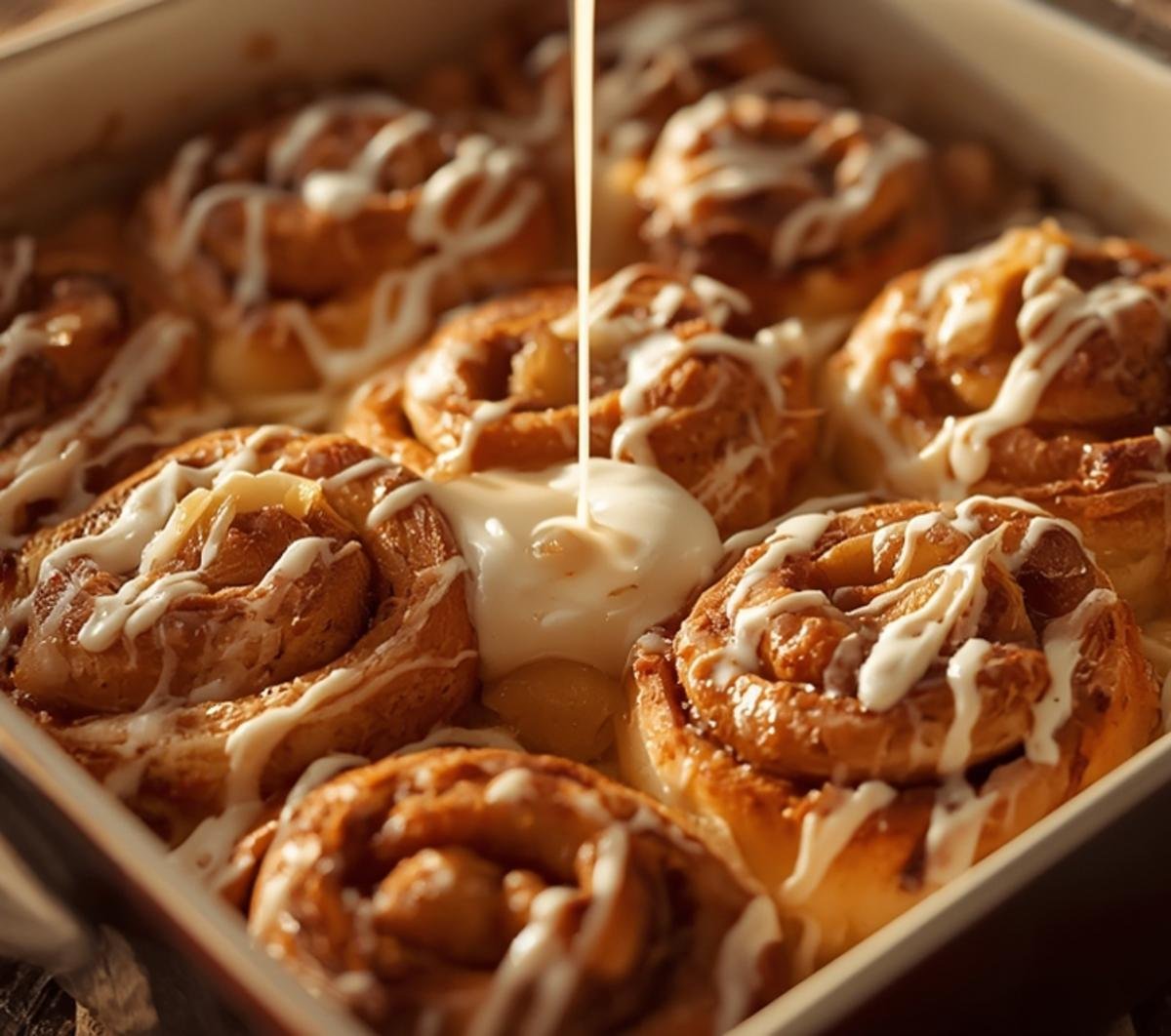 Delicious Cinnamon Rolls with Apple Pie Filling baked in a dish, featuring golden brown cinnamon roll pieces and warm apple filling, perfect for dessert.