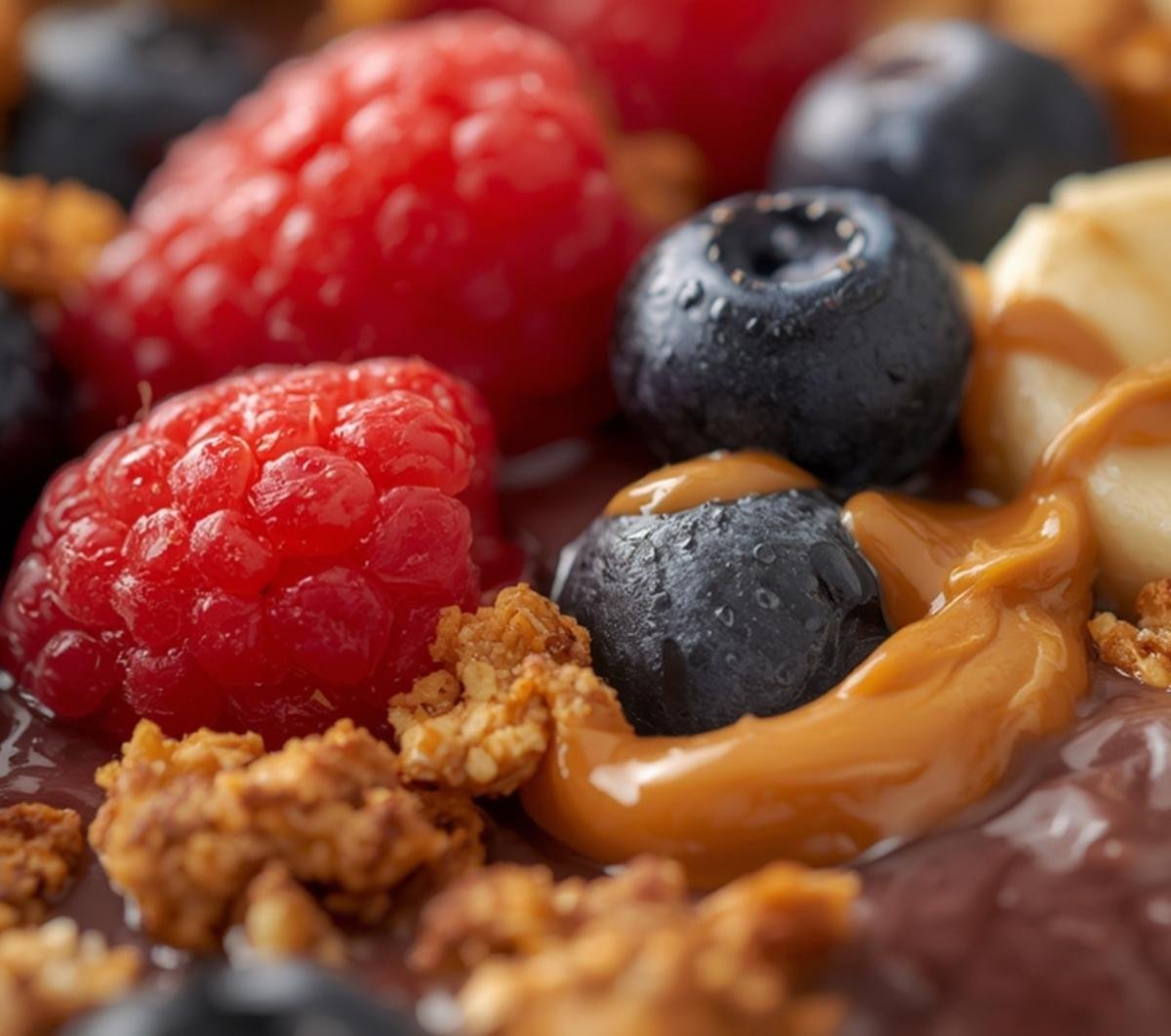 Close-up on the inviting textures and fresh toppings of a perfect acai bowl, showing detailed granola and berries.