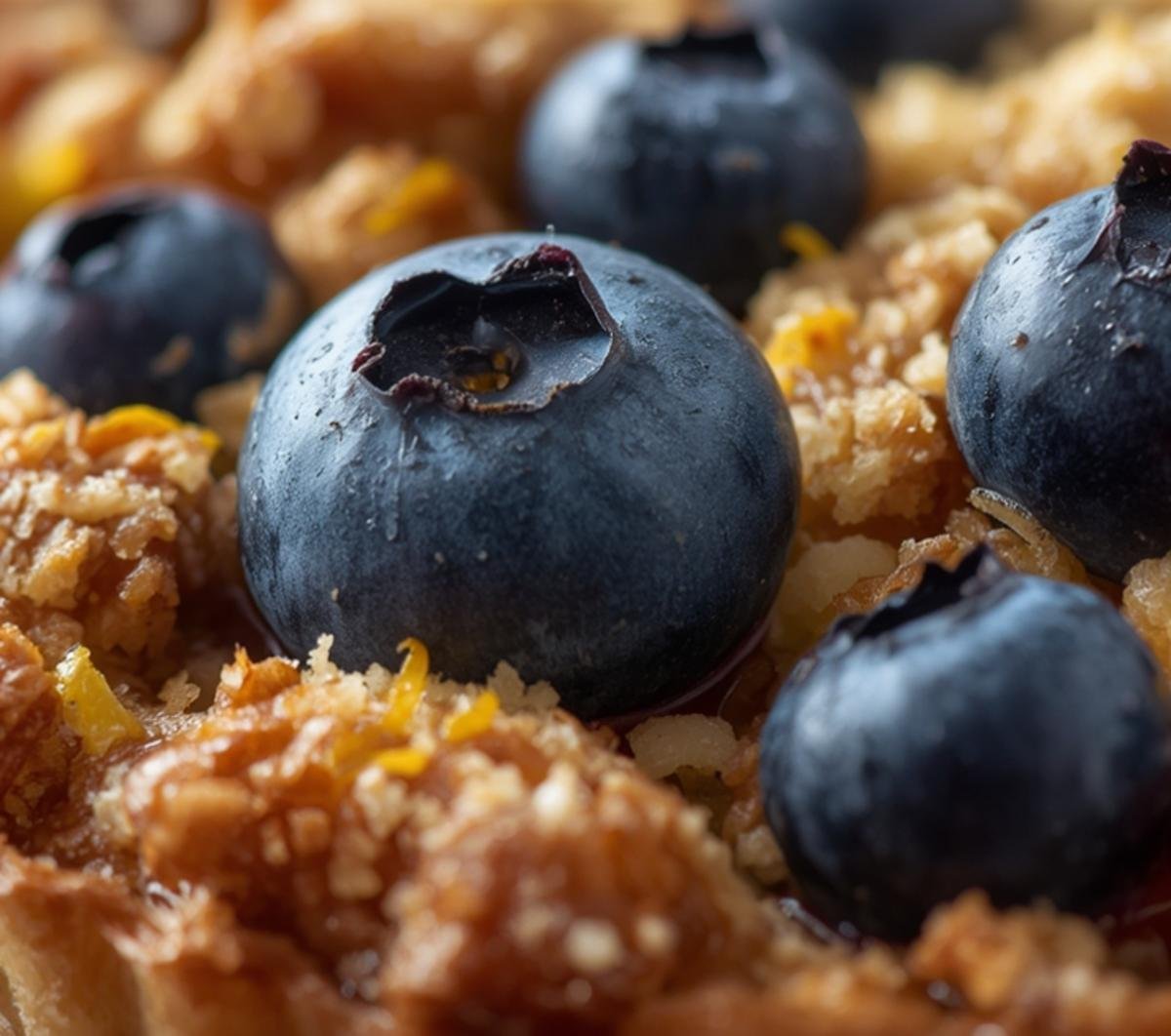 Close-up of a Lemon Blueberry Puff Pastry Tart, highlighting the vibrant blueberries, creamy filling, and golden sugar crumble.