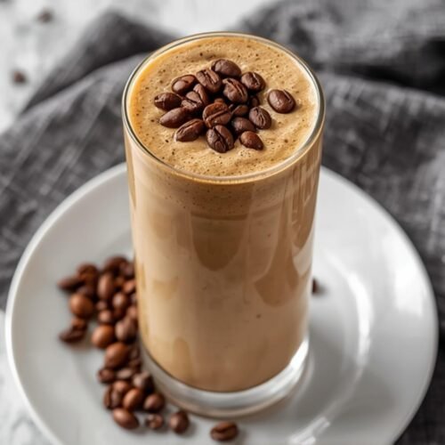 Delicious Coffee Smoothie Recipe for a Morning Boost 3 A delicious Coffee Smoothie in a glass, garnished with coffee beans, on a white plate with coffee beans scattered nearby, perfect for a morning boost.