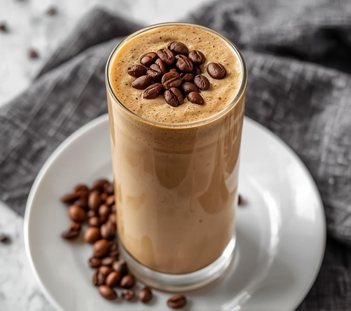 A delicious Coffee Smoothie in a glass, garnished with coffee beans, on a white plate with coffee beans scattered nearby, perfect for a morning boost.