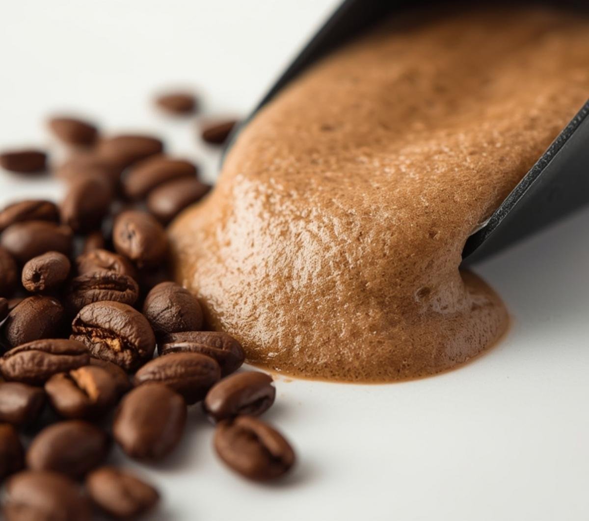 Delicious Coffee Smoothie Recipe for a Morning Boost 2 Extreme close-up of roasted coffee beans and the frothy texture of a Coffee Smoothie, highlighting the rich details and ingredients.