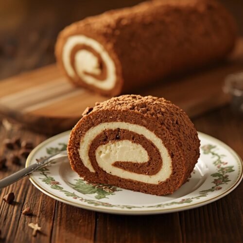 A beautifully sliced Coffee Swiss Roll on a vintage plate, ready to be enjoyed. This fluffy, coffee-flavored cake features a rich cream filling and is a perfect dessert.