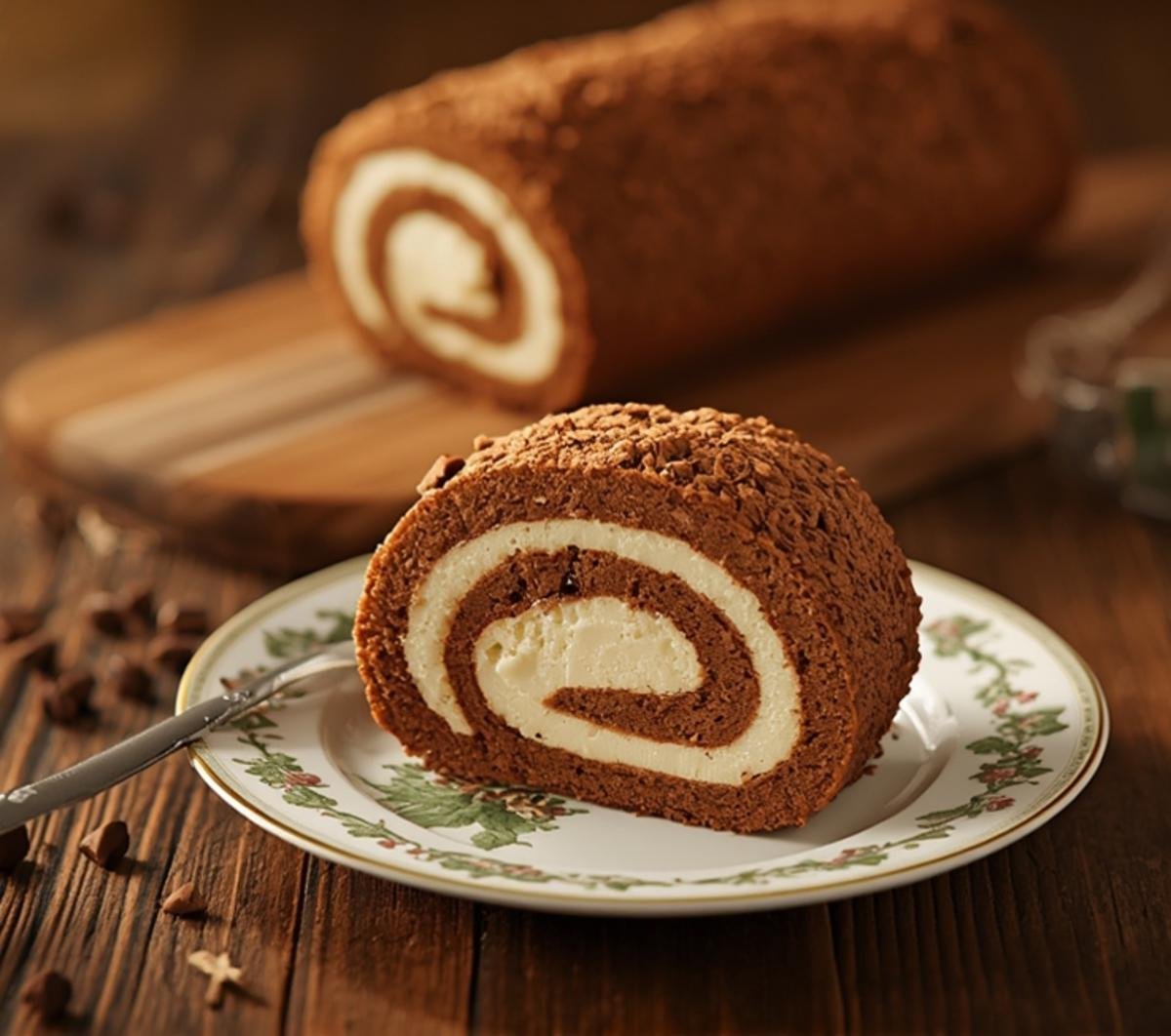 A beautifully sliced Coffee Swiss Roll on a vintage plate, ready to be enjoyed. This fluffy, coffee-flavored cake features a rich cream filling and is a perfect dessert.
