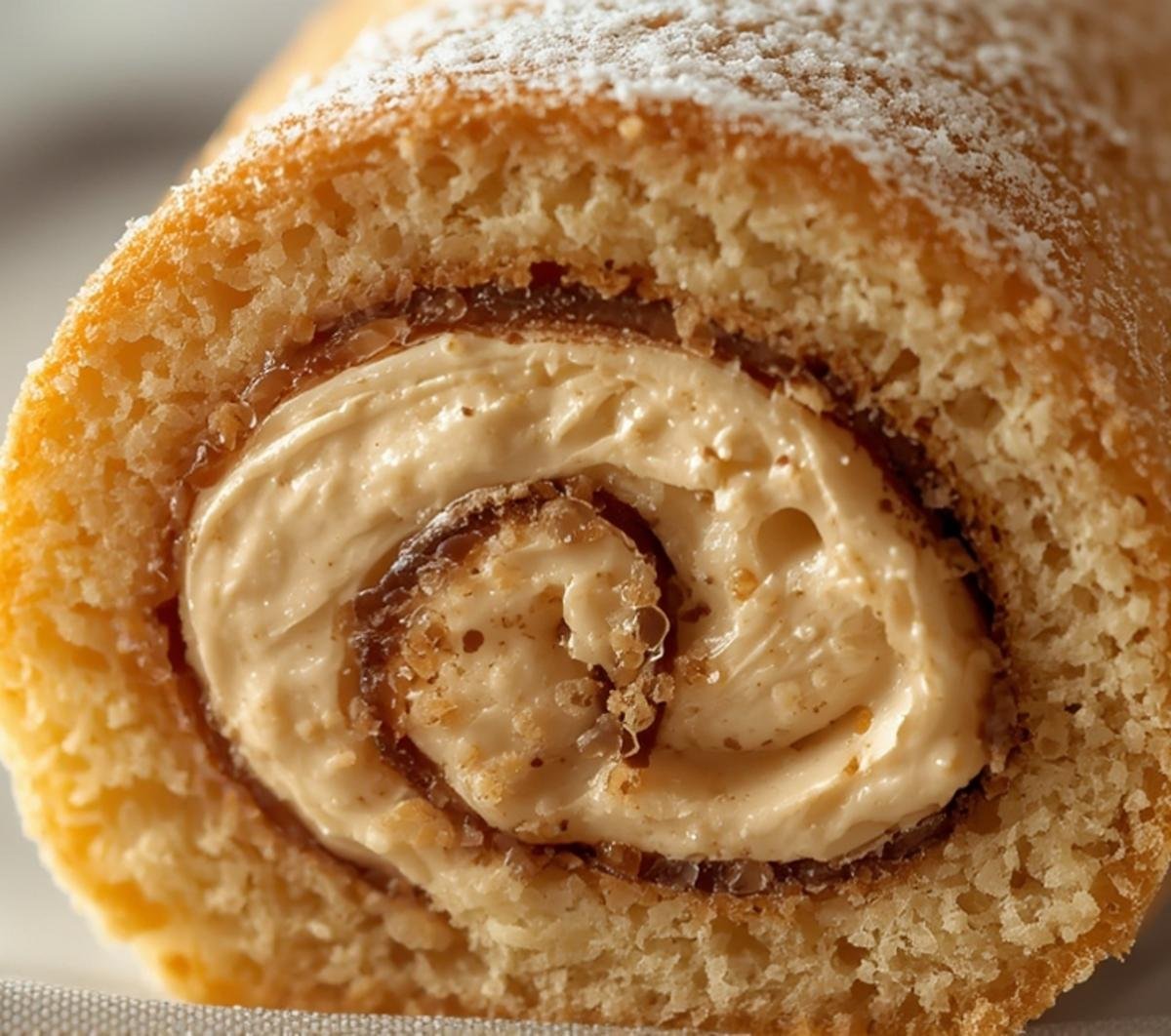 Extreme close-up of the Coffee Swiss Roll texture, showcasing the porous sponge cake and smooth cream swirl in stunning detail. A true feast for the eyes.