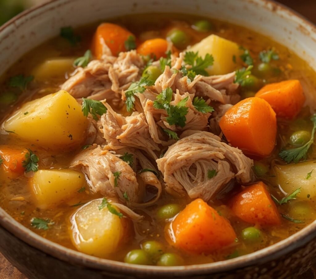 A steaming bowl of Comforting Chicken Soup with Potatoes, featuring chicken, potatoes, carrots, and peas in a rich broth, garnished with fresh parsley.