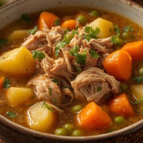 A steaming bowl of Comforting Chicken Soup with Potatoes, featuring chicken, potatoes, carrots, and peas in a rich broth, garnished with fresh parsley.