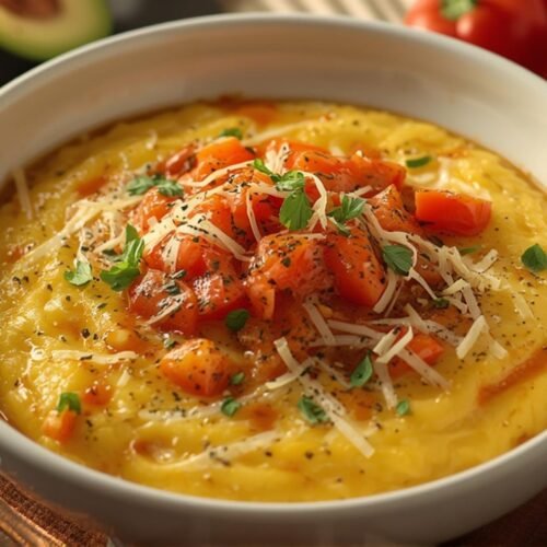 Creamy Parmesan Garlic Polenta with vibrant red bell peppers, deliciously rich, comfort food