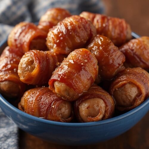 Heaping bowl of caramelized bacon-wrapped sausage bites on a marble countertop
