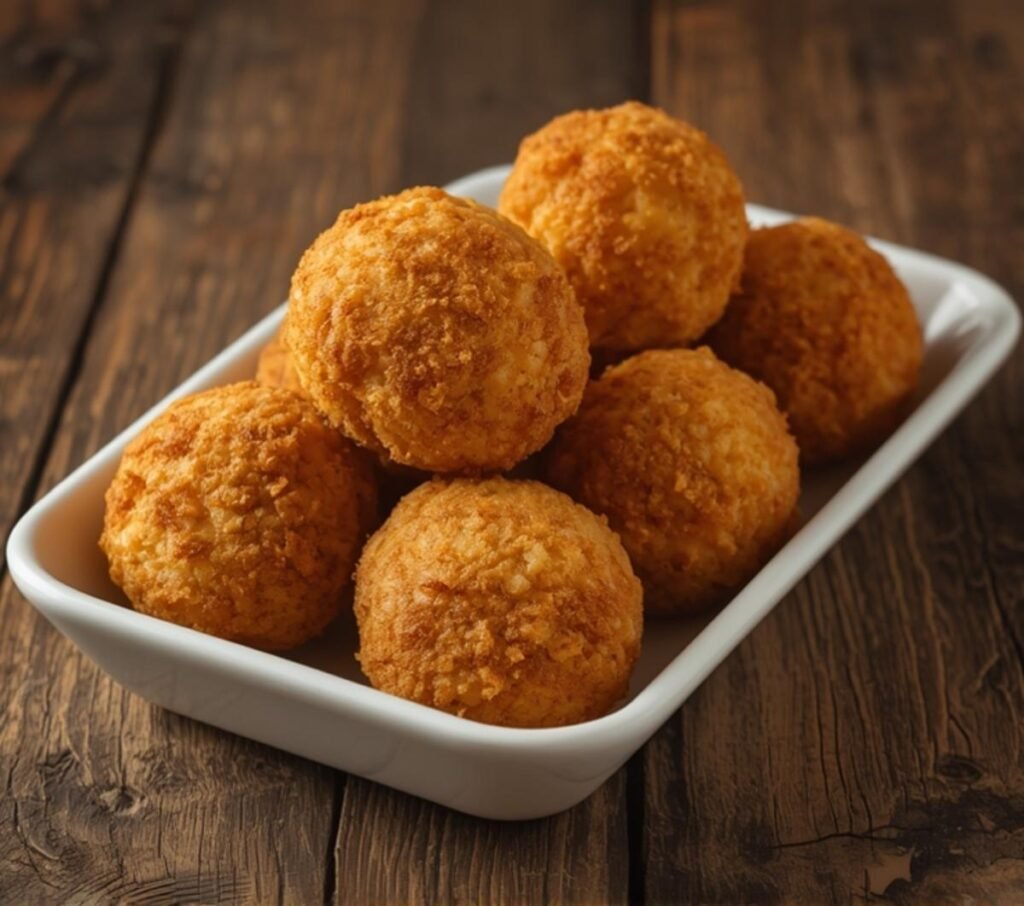 Close-up of golden brown, panko-crusted fried mashed potato balls with visible bacon and cheese filling, garnished with chives and salt.