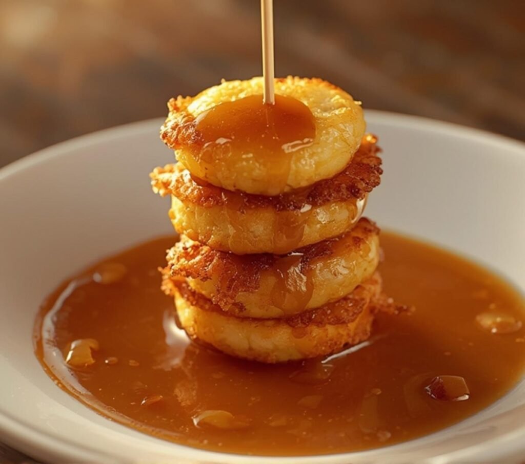 Crispy Mini Pancake Kebabs skewered and drizzled with caramel sauce on a white plate, perfect for parties and snacks.