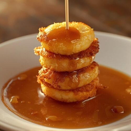 Crispy Mini Pancake Kebabs skewered and drizzled with caramel sauce on a white plate, perfect for parties and snacks.