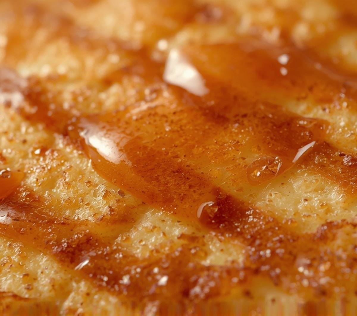 Extreme close-up of the crispy texture and caramel glaze on a mini pancake kebab, highlighting its delicious details.