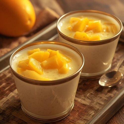 Mango Sago: A Quick & Refreshing Asian Summer Dessert 3 Two bowls of vibrant yellow Mango Sago, a creamy tropical dessert with fresh mango chunks and tapioca pearls, on a bamboo tray.