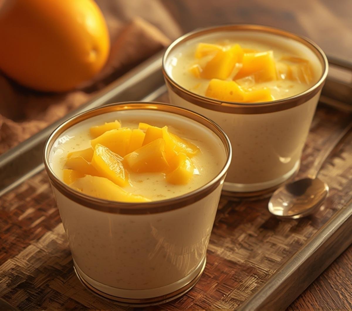 Two bowls of vibrant yellow Mango Sago, a creamy tropical dessert with fresh mango chunks and tapioca pearls, on a bamboo tray.