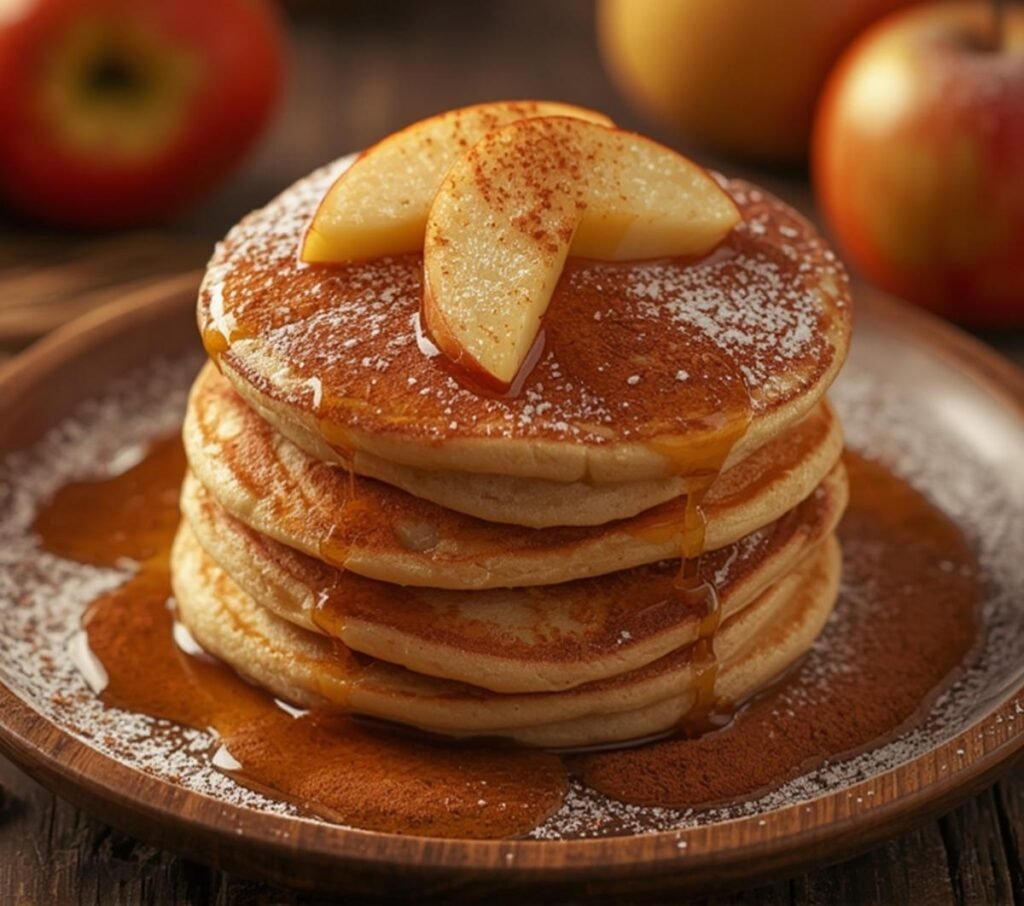 A delicious stack of Apple Cinnamon Pancakes, golden brown and fluffy, drizzled with syrup and topped with fresh apple slices. Perfect for breakfast!