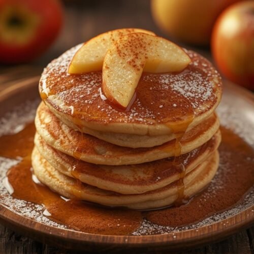 Easy Apple Cinnamon Pancakes: A Cozy Fall Breakfast 3 A delicious stack of Apple Cinnamon Pancakes, golden brown and fluffy, drizzled with syrup and topped with fresh apple slices. Perfect for breakfast!