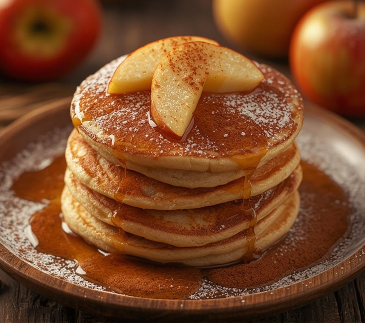 A delicious stack of Apple Cinnamon Pancakes, golden brown and fluffy, drizzled with syrup and topped with fresh apple slices. Perfect for breakfast!