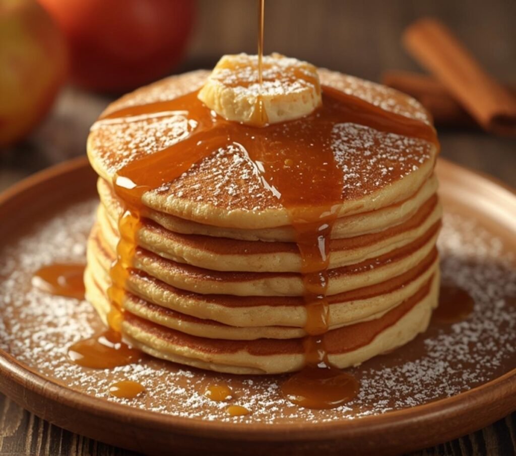 A stack of delicious Apple Cinnamon Pancakes drizzled with caramel, perfect for a cozy breakfast.