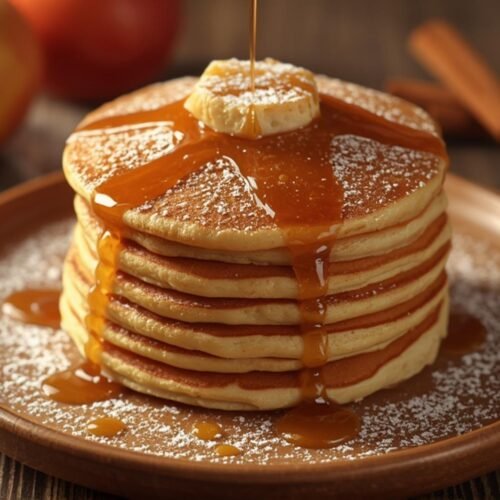 A stack of delicious Apple Cinnamon Pancakes drizzled with caramel, perfect for a cozy breakfast.
